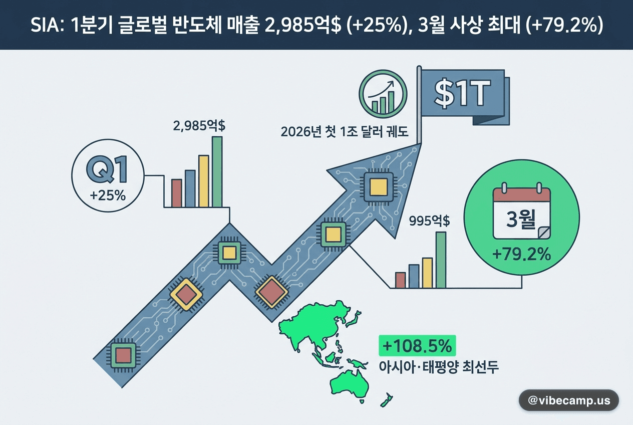 SIA: 1분기 글로벌 반도체 2,985억$ +25%, 3월 단일 사상 최대 +79.2%