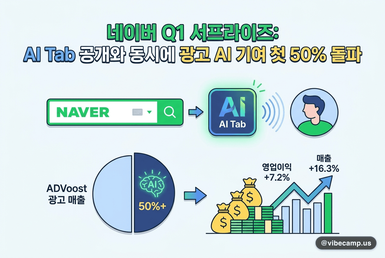 네이버 Q1 서프라이즈: AI Tab 공개와 동시에 광고 AI 기여 첫 50% 돌파