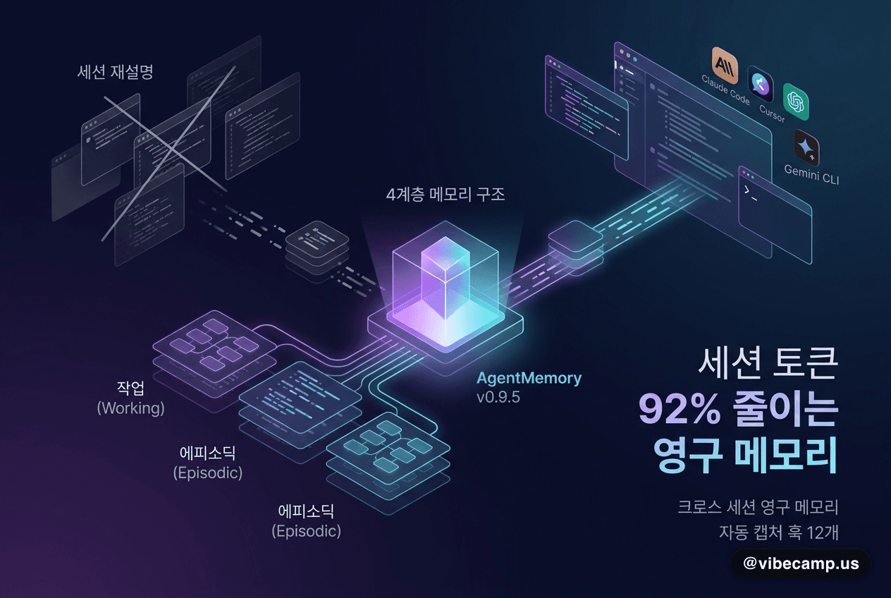 AgentMemory: Claude Code 세션 토큰 92% 줄이는 영구 메모리