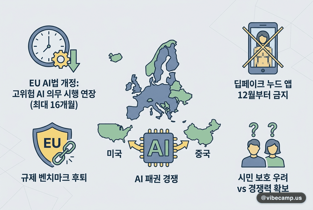 EU AI법 개정 — 글로벌 규제 벤치마크의 첫 후퇴, 딥페이크 누드 앱 12월부터 금지