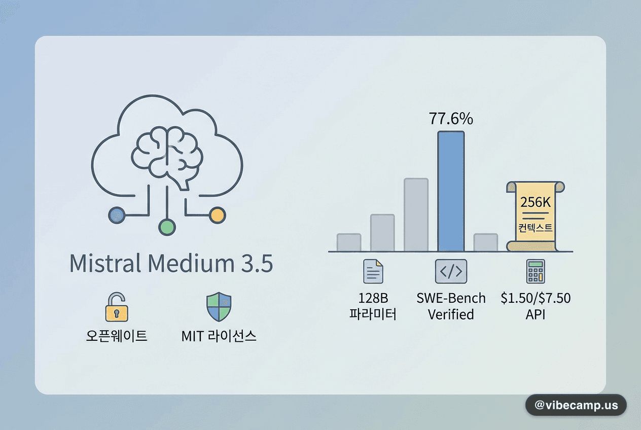 Mistral Medium 3.5 — 128B 오픈웨이트 멀티모달, SWE-Bench 77.6%·MIT 라이선스