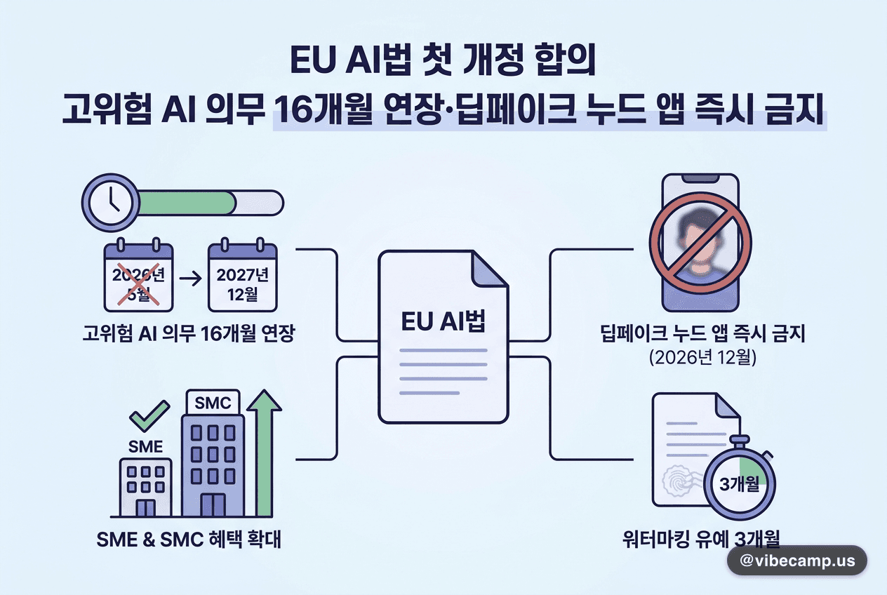 EU AI법 첫 개정 합의 — 고위험 AI 의무 16개월 연장·딥페이크 누드 앱 즉시 금지