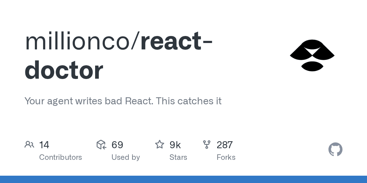 react-doctor — Million.co의 React 코드베이스 진단 도구 GitHub 레포지토리 오픈그래프 이미지