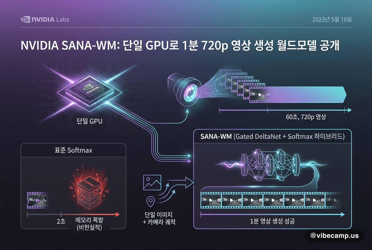 NVIDIA SANA-WM, 단일 GPU로 1분 720p 영상 생성 월드모델 공개