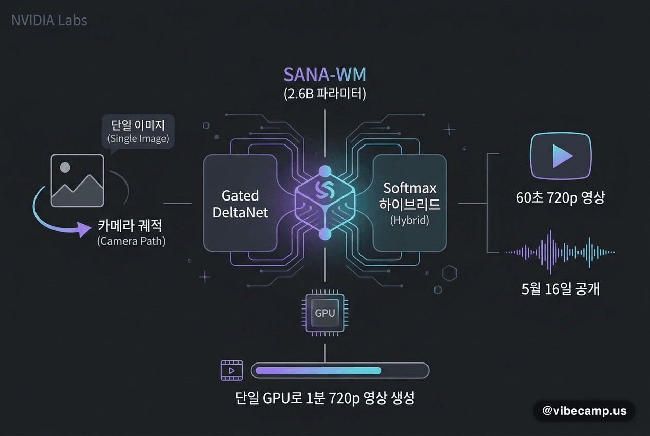 NVIDIA SANA-WM, 단일 GPU로 1분 720p 영상 생성 월드모델 공개