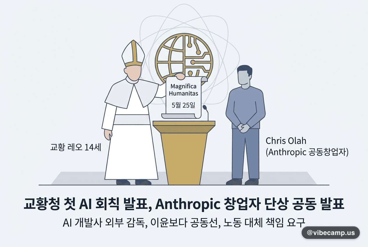 교황 레오 14세가 'Magnifica Humanitas' 회칙을 발표하는 단상에 Anthropic 공동창업자 Chris Olah가 함께 선 모습