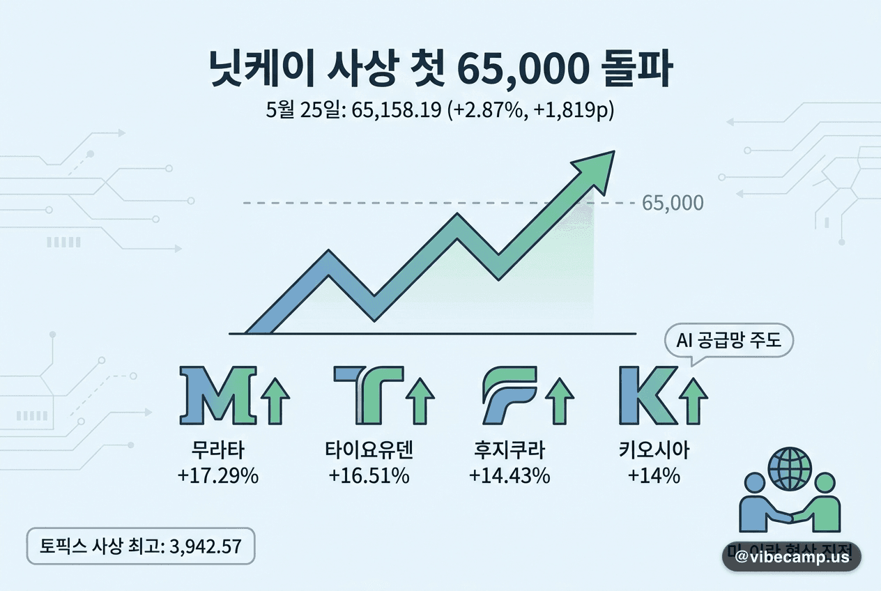 닛케이 사상 첫 65,000 돌파 — 무라타·타이요유덴·후지쿠라 두 자릿수 급등