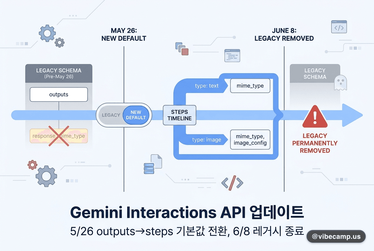 Gemini Interactions API 5/26 기본값 전환 — outputs→steps, 6/8 legacy 영구 제거