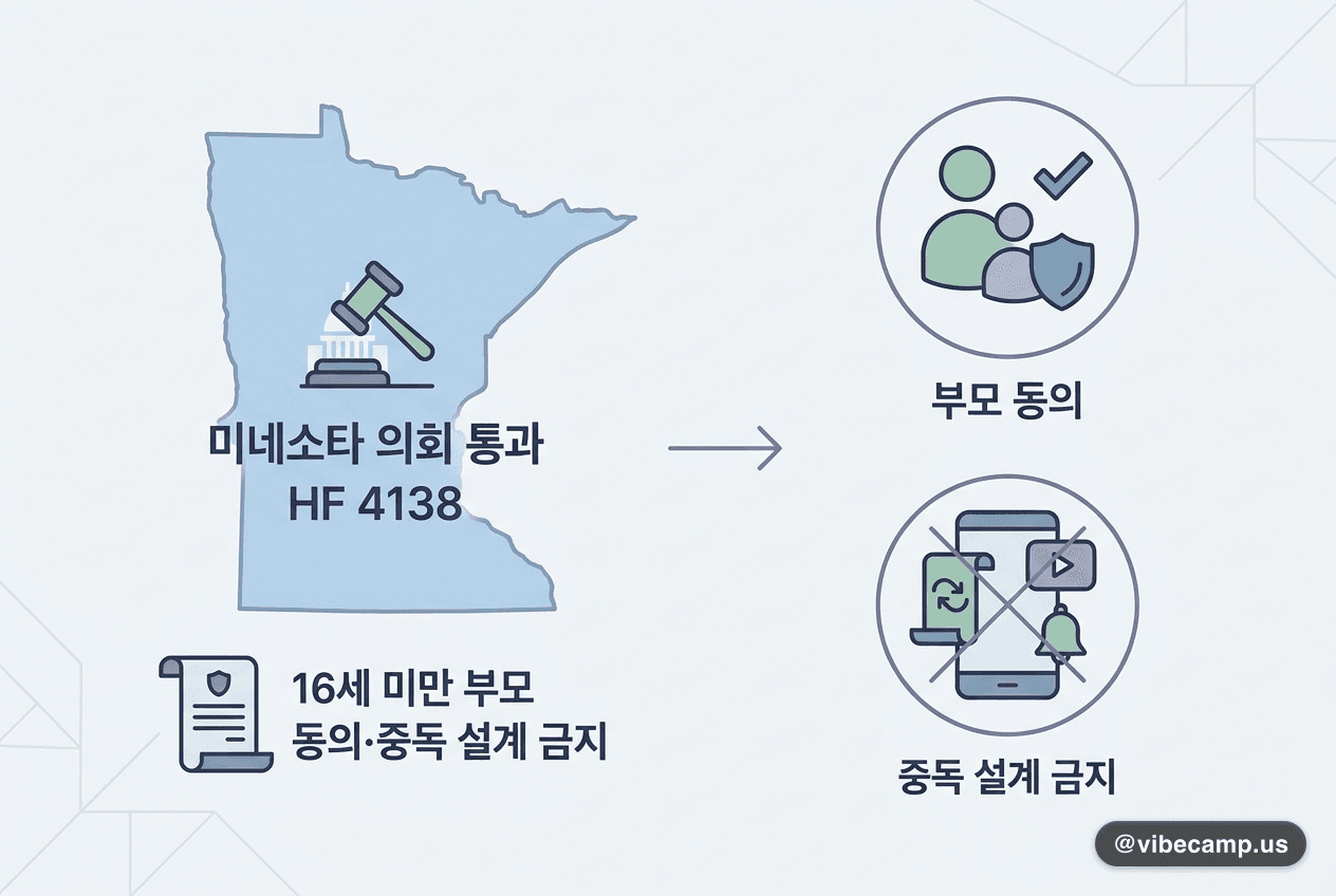 미네소타 HF 4138 의회 통과 — 16세 미만 SNS 부모 동의·중독 설계 금지