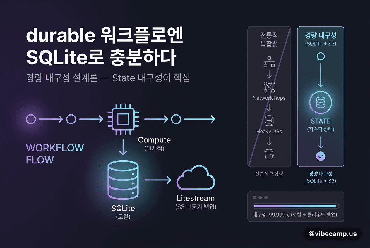 SQLite + Litestream(S3 백업) 기반 durable workflow 아키텍처 다이어그램