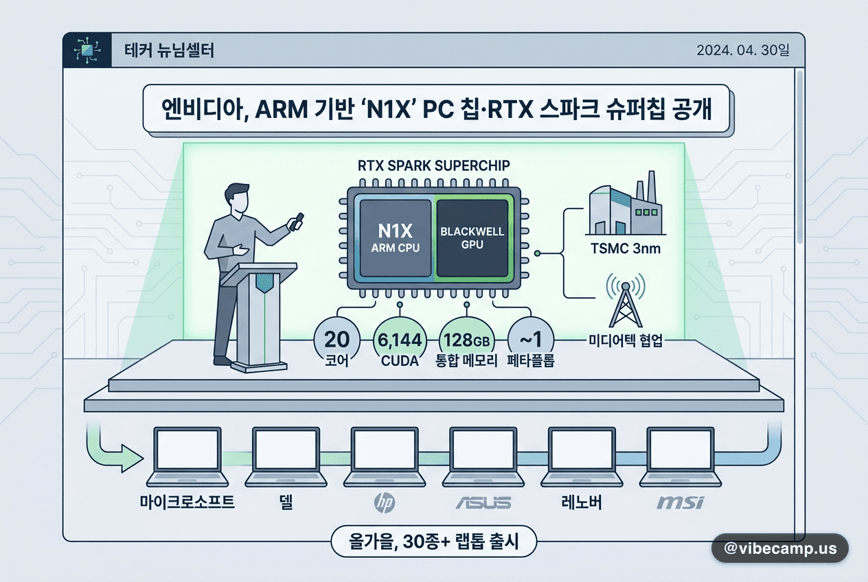 엔비디아, ARM 기반 'N1X' PC 칩·RTX 스파크 슈퍼칩 공개