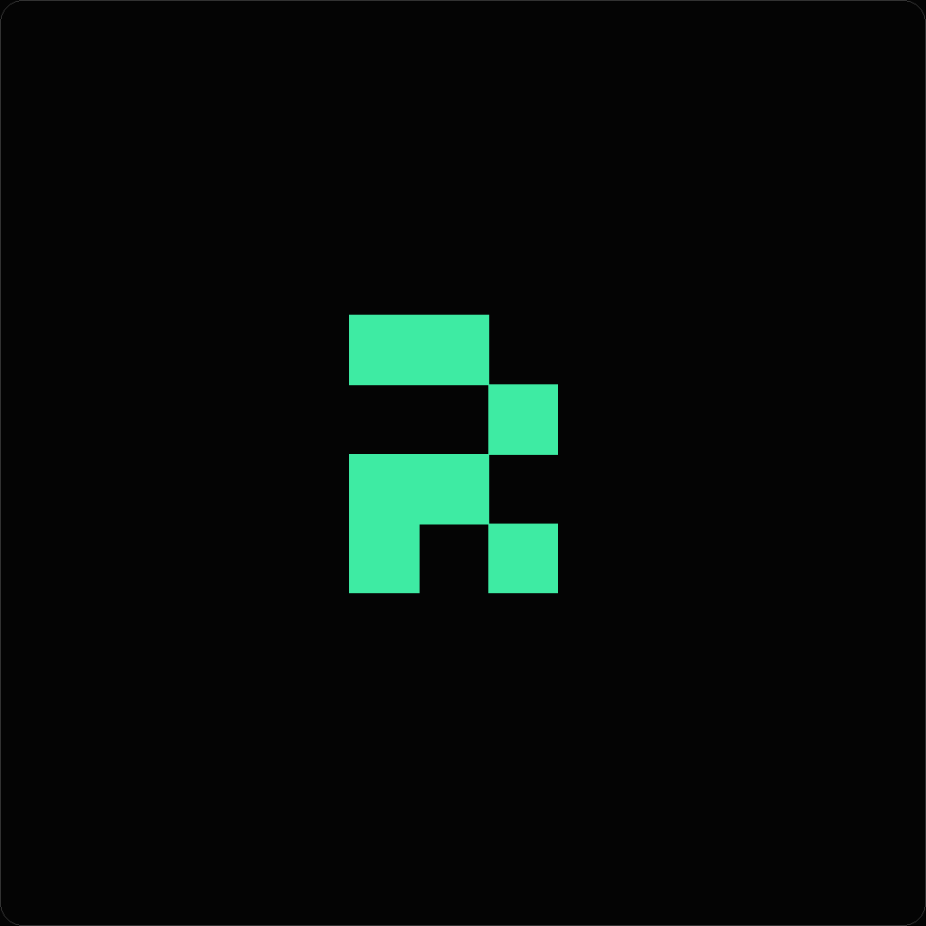 Replicas 로고 — 검은 배경 중앙에 민트색 픽셀 블록으로 그려진 미니멀 브랜드 마크