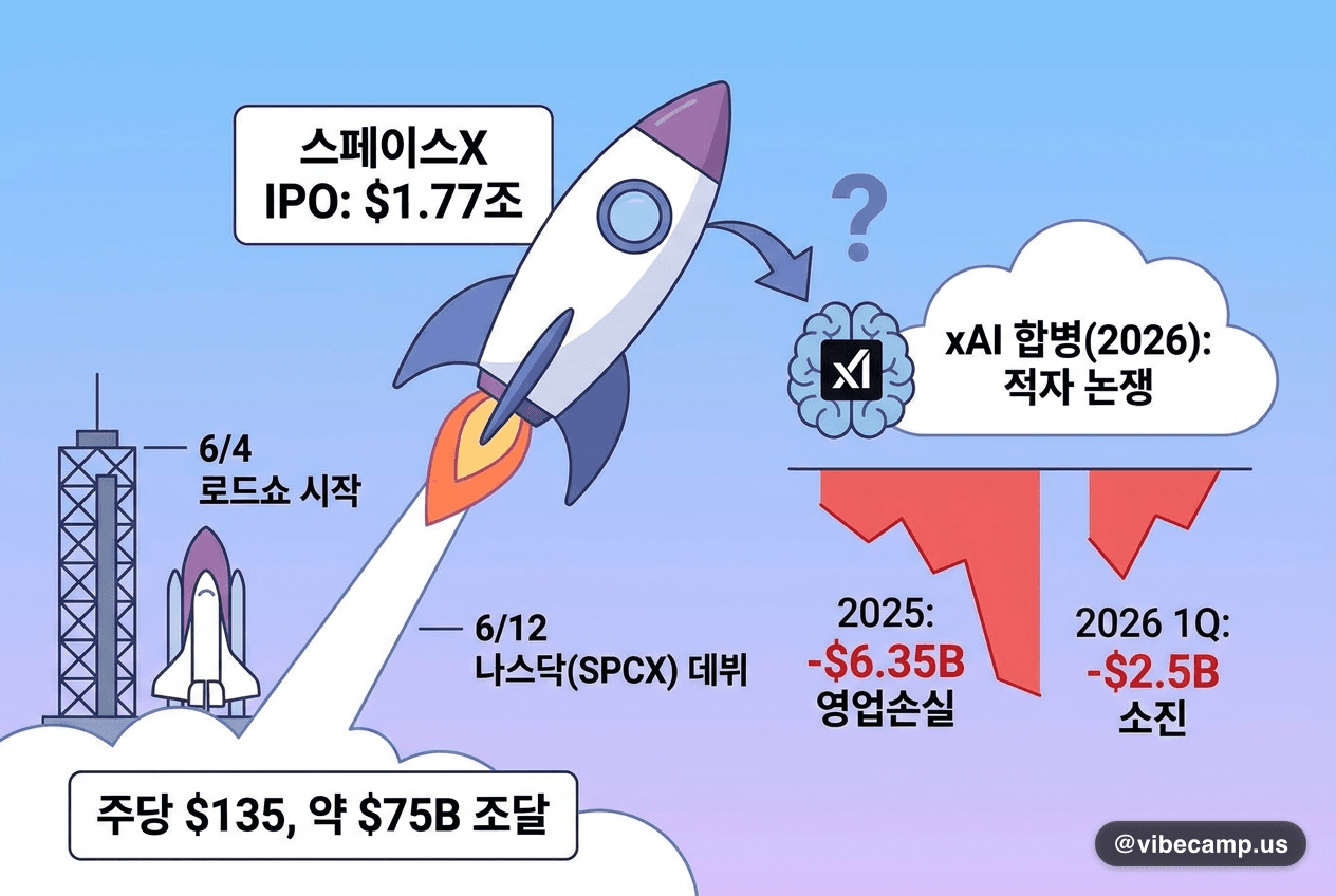 스페이스X $1.77조 IPO, xAI 적자가 밸류 논쟁의 핵심