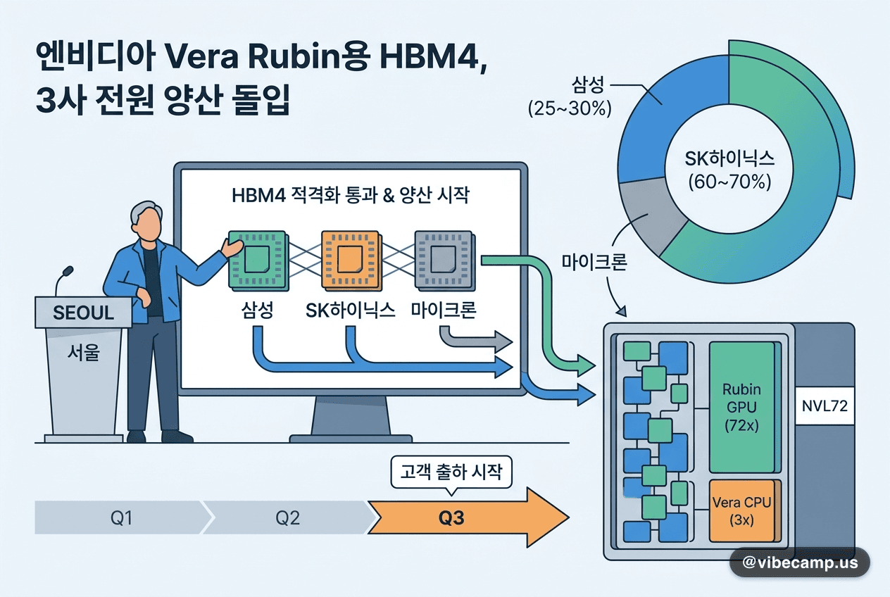 엔비디아 CEO 젠슨 황이 Vera Rubin용 HBM4 양산 현황을 발표하는 모습