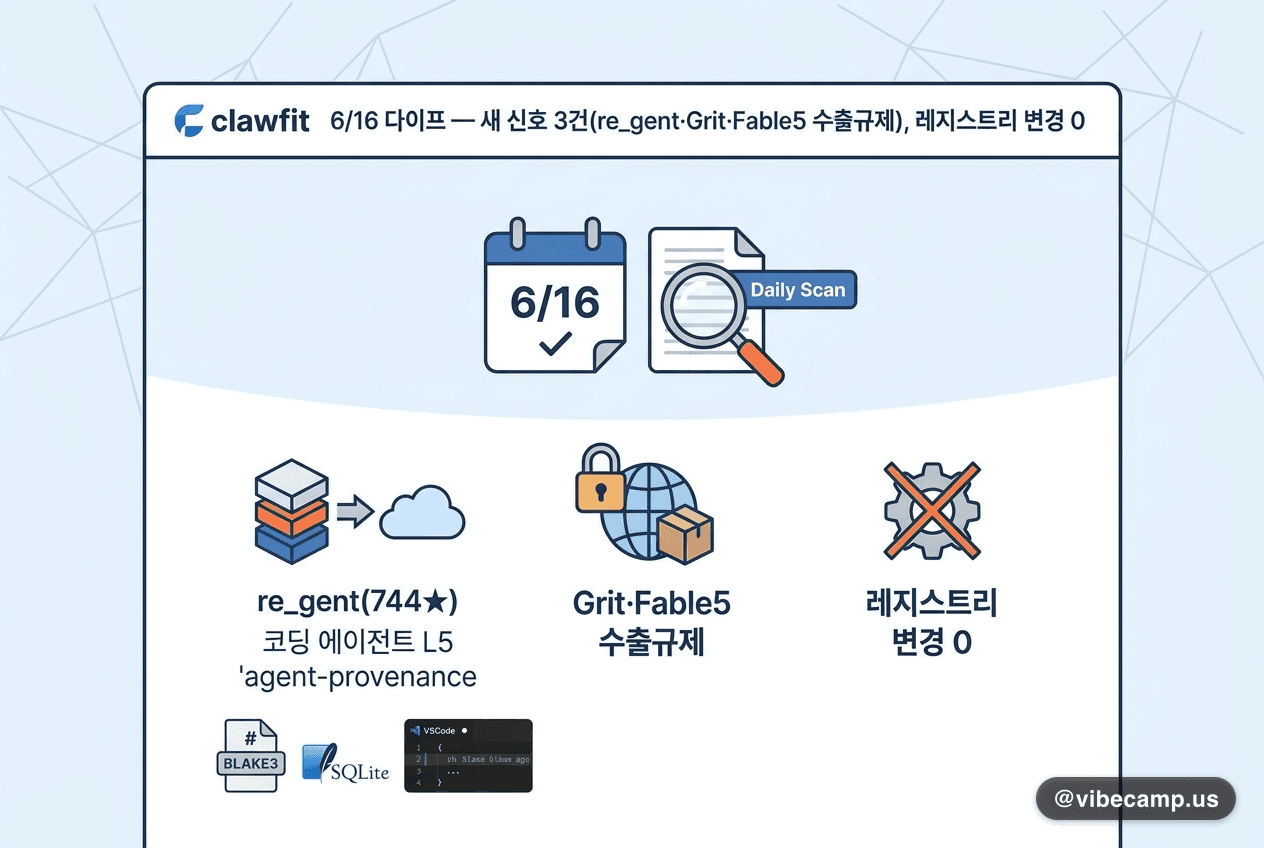 clawfit 6/16 다이프 — 새 신호 3건(re_gent·Grit·Fable5 수출규제), 레지스트리 변경 0