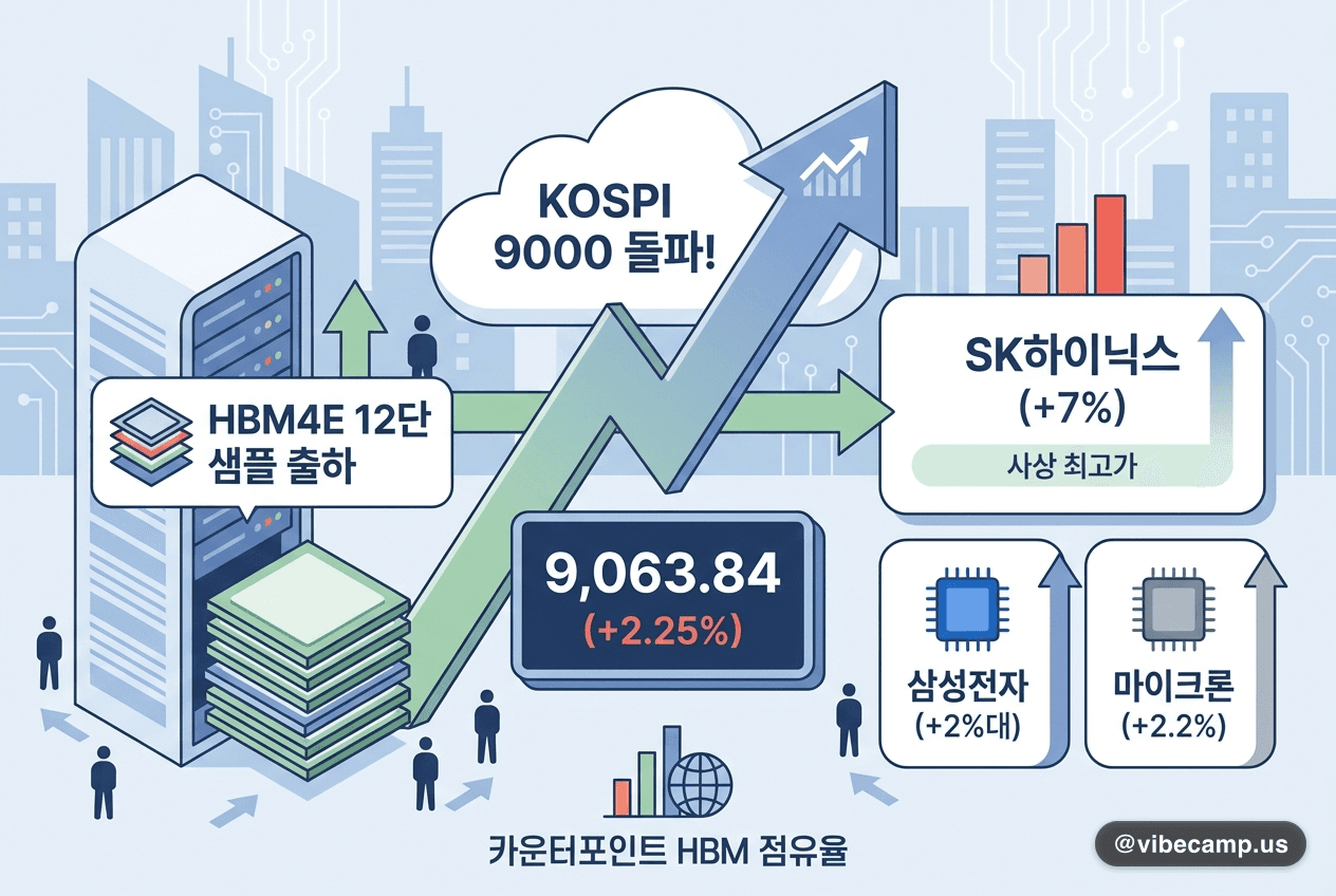 HBM4E가 끌어올린 코스피 9000 첫 돌파 — SK하이닉스 7%↑