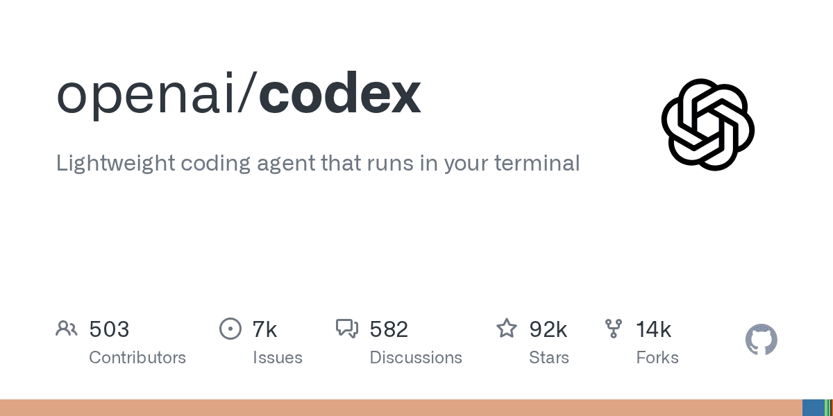 OpenAI Codex GitHub 저장소 OG 카드 — 원격 실행기 암호화 채널 릴리즈