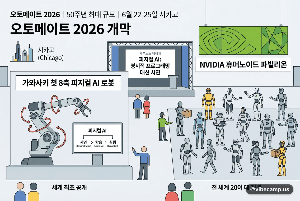 오토메이트 2026 개막 — 가와사키 첫 8축 피지컬 AI 로봇, NVIDIA 휴머노이드 파빌리온 20여 대