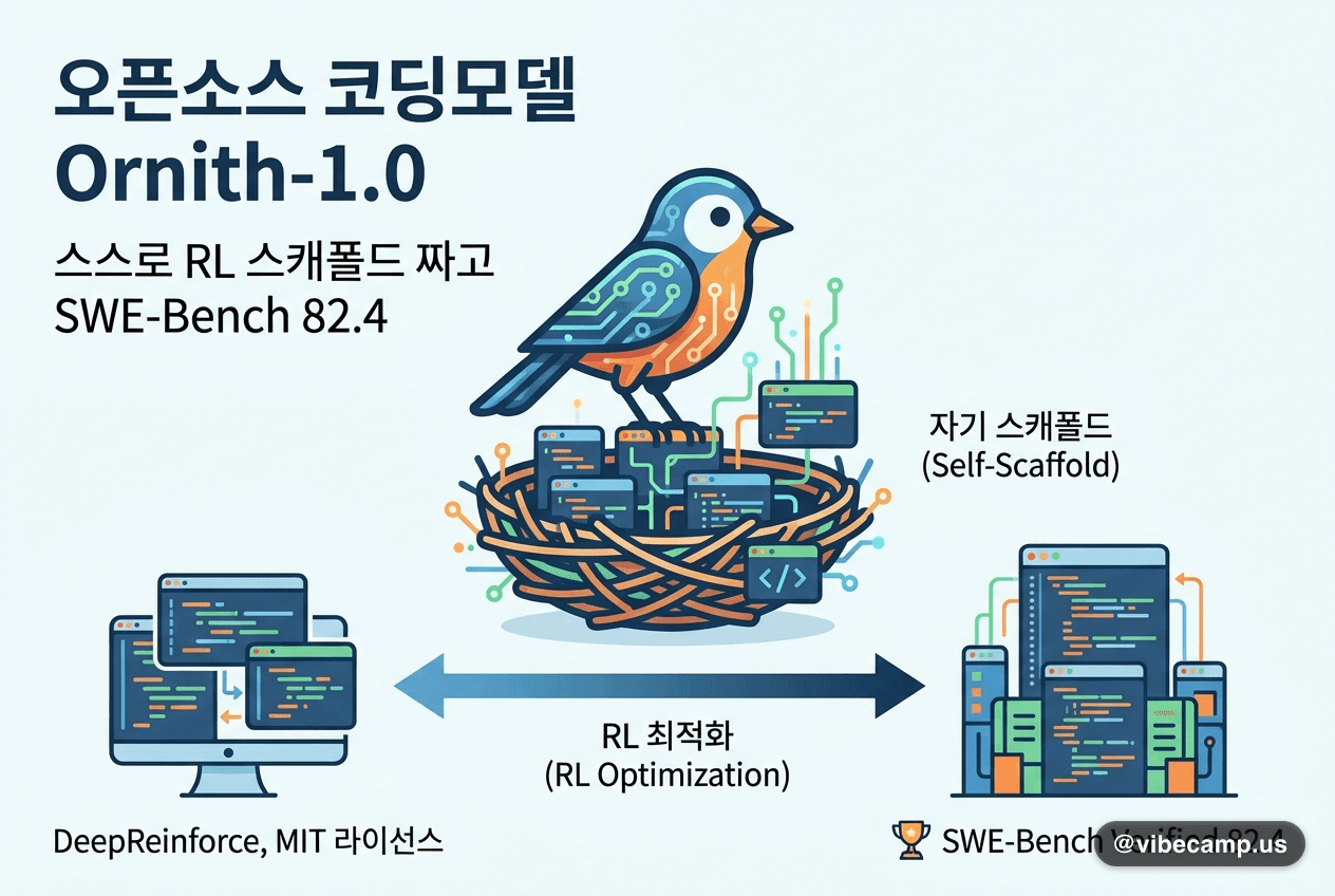 오픈소스 코딩모델 Ornith-1.0 — 스스로 RL 스캐폴드 짜고 SWE-Bench 82.4