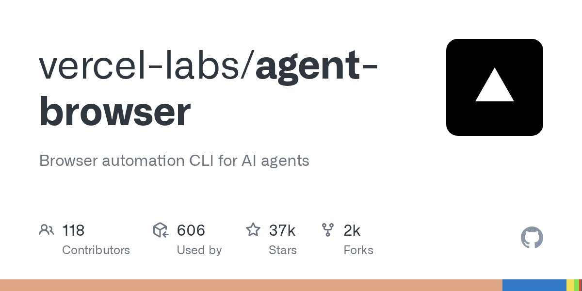 vercel-labs/agent-browser GitHub 저장소 소셜 프리뷰 — AI 에이전트용 브라우저 자동화 Rust CLI