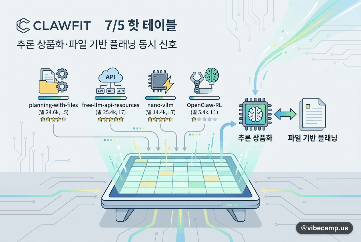 clawfit 7/5 핫 테이블 — 추론 상품화·파일 기반 플래닝 동시 신호