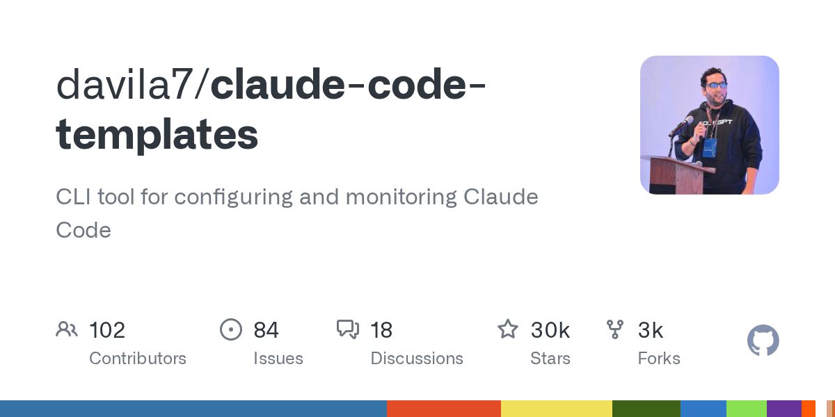 davila7/claude-code-templates GitHub 저장소 소셜 카드 — Claude Code 설정 템플릿 창고(29k★)