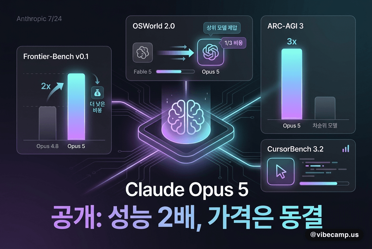 Anthropic Claude Opus 5 발표 대표 이미지 — Opus 4.8 대비 두 배 성능을 같은 가격에 낸 신규 프론티어 모델 공개