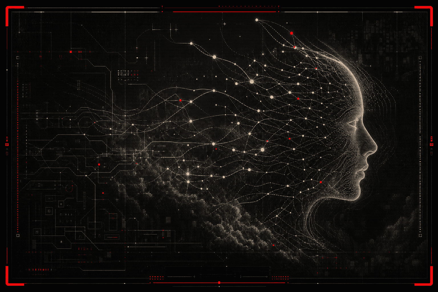 HackXperience 2026 공식 히어로 이미지 — 검은 배경 위에 점과 회로선으로 구성된 옆얼굴 실루엣 일러스트, 붉은 프레임 장식