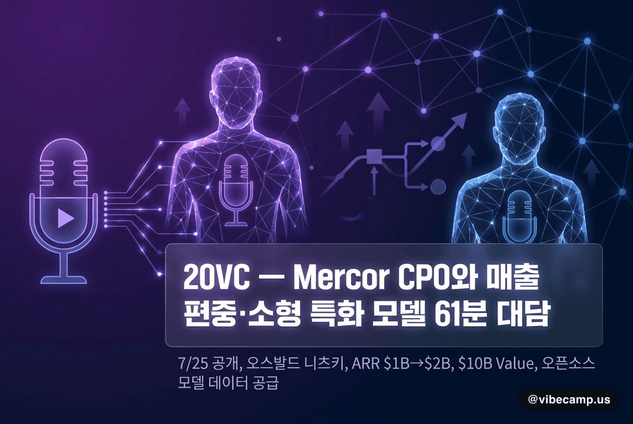 20VC 에피소드 공식 아트워크 — Mercor 최고제품책임자 오스발드 니츠키의 인물 사진 위에 MERCOR 로고와 THE 20VC SHOW 표기