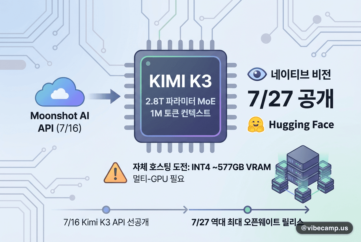 Kimi K3 가중치 7/27 공개, 2.8조 파라미터 역대 최대 오픈웨이트