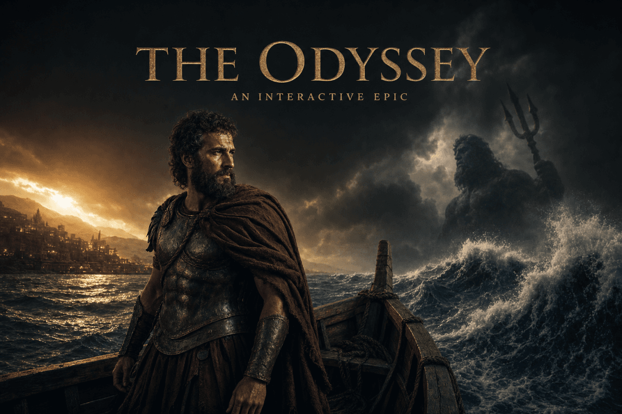 AI 인터랙티브 필름 'AI Odyssey' 공식 키아트 — 폭풍우 치는 바다에서 오디세우스가 포세이돈과 마주하는 장면