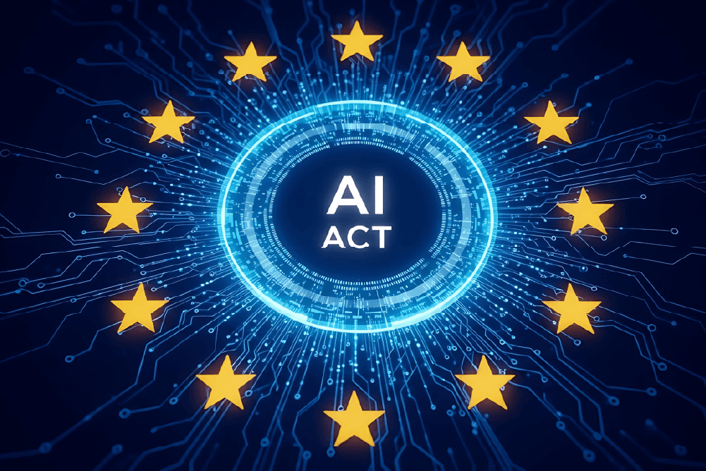 EU 12개 별 원형 배치 가운데 'AI ACT' 문구가 놓인 파란색 회로 패턴 그래픽