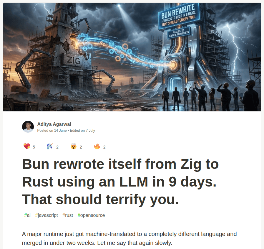 Bun의 Zig→Rust 재작성을 다룬 기사 화면과 AI 생성 삽화