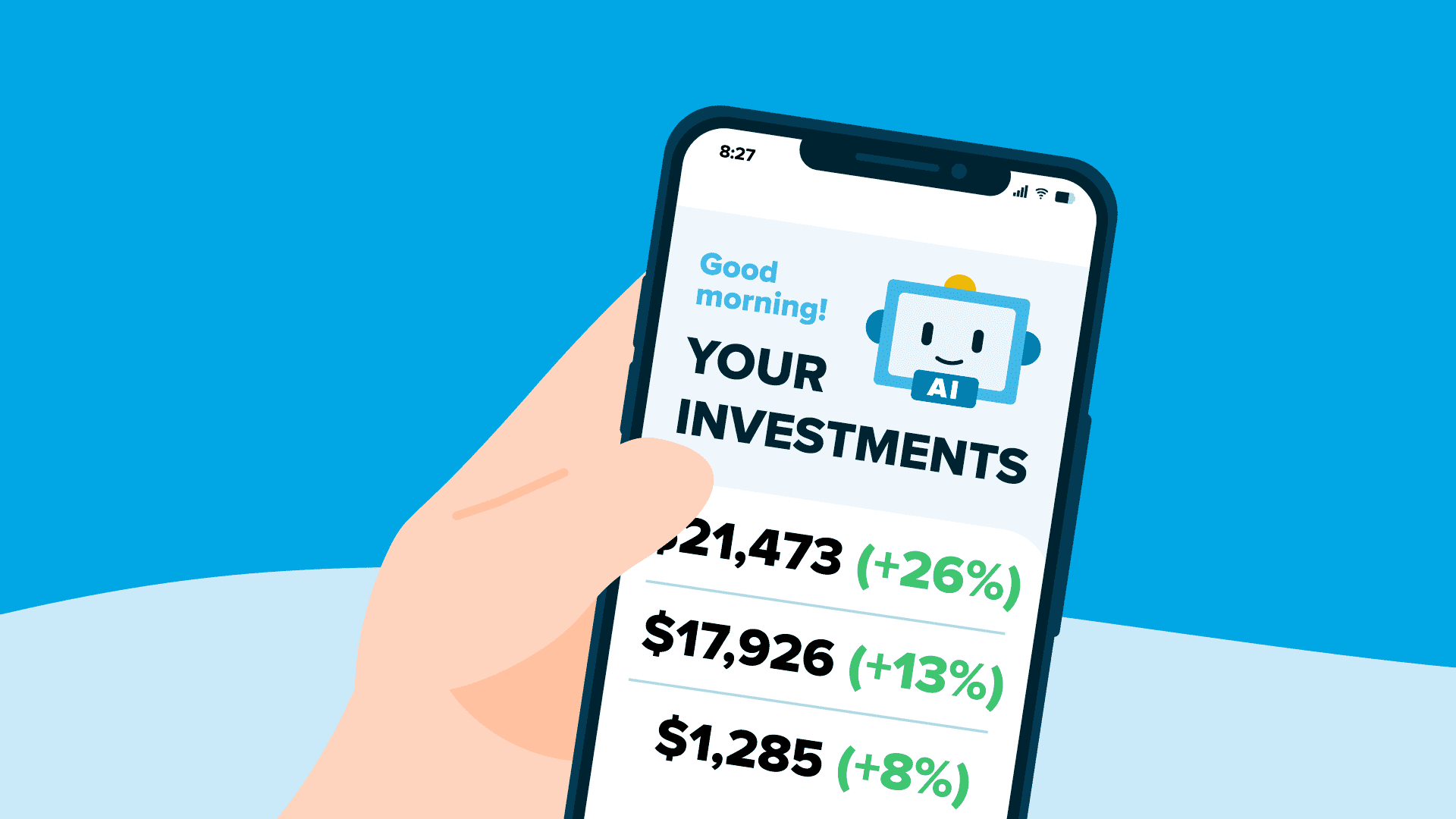 스마트폰 투자 앱 화면에 'YOUR INVESTMENTS'와 AI 로봇 아이콘, 종목별 수익률이 표시된 플랫 일러스트