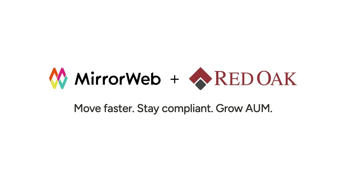 MirrorWeb과 Red Oak 로고를 더하기 기호로 나란히 놓은 합병 발표 그래픽