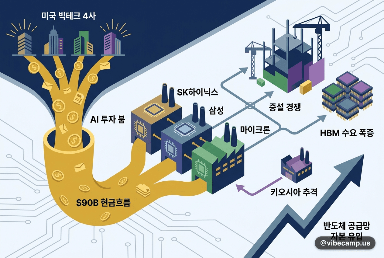 메모리 3사, AI 골드러시로 현금흐름 $90B — SK하이닉스·삼성 증설 경쟁