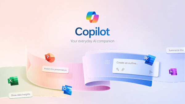 Microsoft Copilot 브랜드와 파워포인트·워드·엑셀·아웃룩 등 Office 앱 아이콘, 'Create an outline' 프롬프트가 담긴 제품 이미지 — 카드업계의 MS 코파일럿 전사 도입 확산을 상징