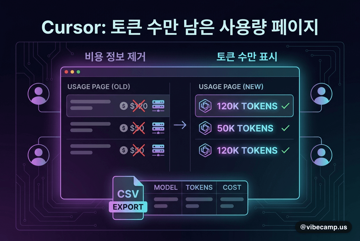 Cursor, 사용량 페이지에서 비용 정보 제거 — 토큰 수만 표시