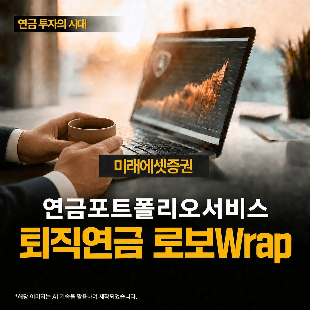 미래에셋증권 '퇴직연금 로보Wrap' 홍보 이미지 — 상승 차트가 띄워진 노트북 앞에 앉은 손과 '연금 투자의 시대', '연금포트폴리오서비스 퇴직연금 로보Wrap' 문구