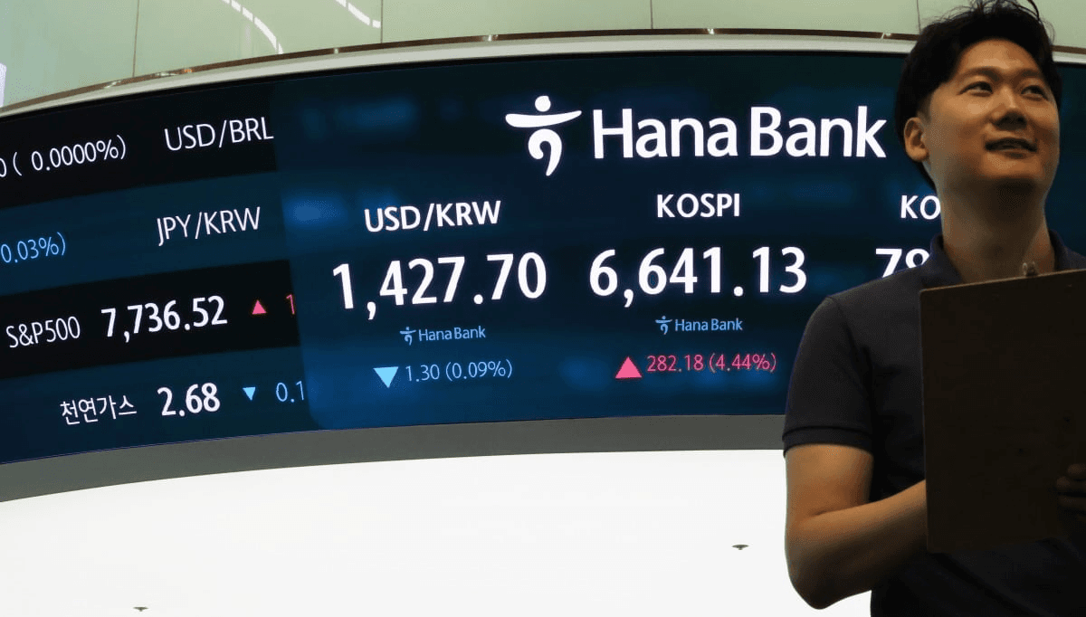 하나은행 딜링룸 전광판에 표시된 코스피 6,641.13 (+4.44%) 지수 — 반도체 주도 상승