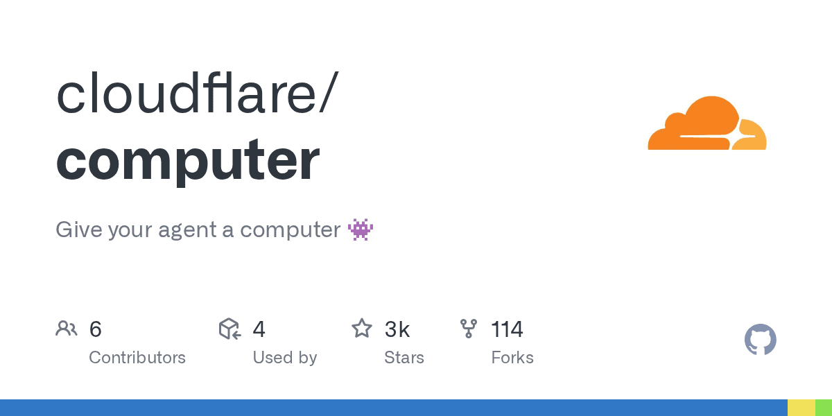 GitHub 저장소 cloudflare/computer 소개 카드 — 'Give your agent a computer' 설명과 기여자 6명·스타 3천·포크 114 지표, 우측에 Cloudflare 구름 로고