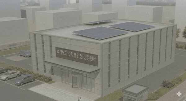 대구 달성군 국가로봇테스트필드에 들어설 '휴머노이드 로봇안전 인증센터' 건물 조감도. 외벽 상단에 센터 명칭 사인이 붙어 있고 옥상에는 태양광 패널이 설치된 3층 규모 시험·인증 시설.