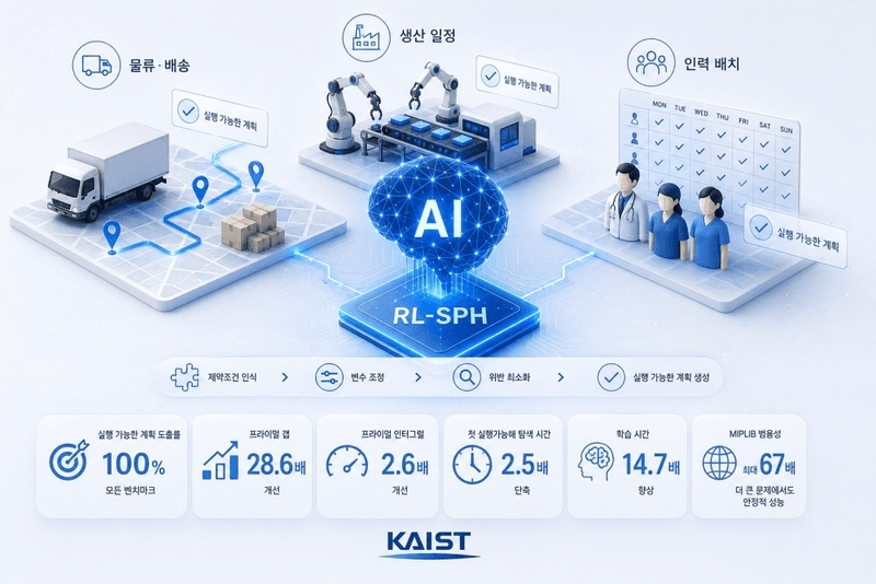 KAIST가 공개한 RL-SPH 기술 인포그래픽. 중앙의 'AI' 두뇌 아이콘이 물류·배송, 생산 일정, 인력 배치 세 영역에 '실행 가능한 계획'을 연결하고, 하단에 실행 가능한 계획 도출률 100%, 프라이멀 갭 28.6배 개선, 학습 시간 14.7배 향상 등 핵심 지표가 나열돼 있다.