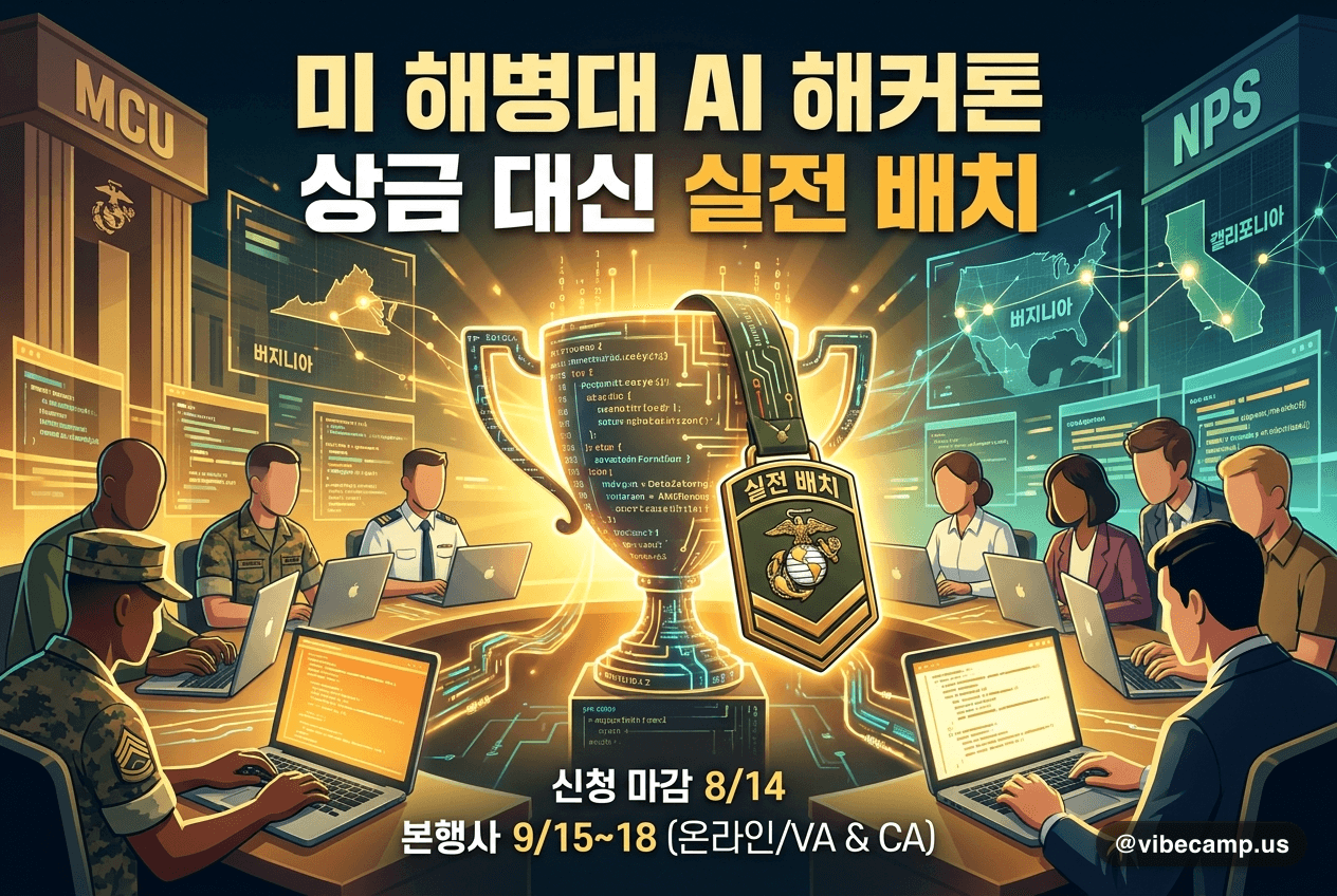 디지털 위장복을 입은 미 해병대원이 노트북으로 AI 도구 화면을 들여다보는 뒷모습 — 미 해병대가 훈련·교육용 AI 프로토타입 해커톤을 여는 소식을 나타낸다