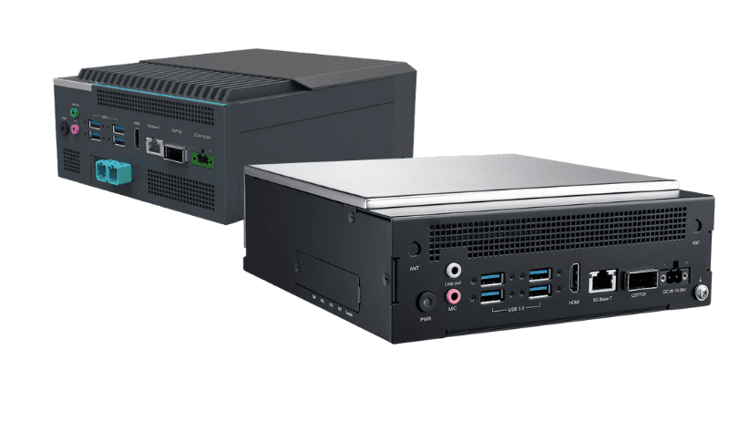 산업용 엣지 AI 컴퓨팅 박스 두 종의 제품 이미지. 전면에 USB·HDMI·이더넷·광 인터페이스 포트가 배열돼 있다