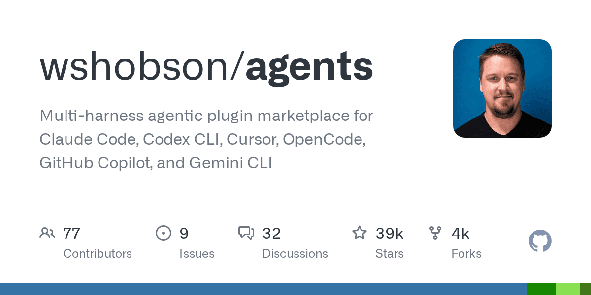 wshobson/agents GitHub 저장소 카드 — 'Claude Code·Codex CLI·Cursor·OpenCode·GitHub Copilot·Gemini CLI를 위한 멀티 하네스 에이전트 플러그인 마켓플레이스', 스타 39k · 포크 4k · 기여자 77명