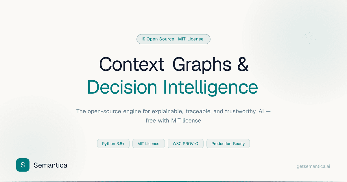 Semantica 공식 OG 이미지 — 'Context Graphs & Decision Intelligence', 설명 가능·추적 가능·신뢰 가능한 AI를 위한 오픈소스 엔진 (Python 3.8+ · MIT License · W3C PROV-O · Production Ready)