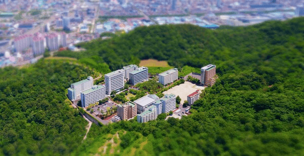 경남 창원 야산에 둘러싸인 창신대학교 캠퍼스 전경을 항공에서 내려다본 사진