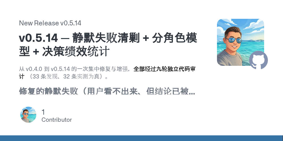 GitHub 릴리스 소셜 카드. 흰 배경 왼쪽 위에 'New Release v0.5.14' 라벨이 있고 그 아래 중국어 릴리스 제목과 릴리스 노트 첫 문단이 이어진다. 하단에 'Contributor 1' 표기, 오른쪽에는 프로필 아이콘과 GitHub 마크가 놓여 있다.