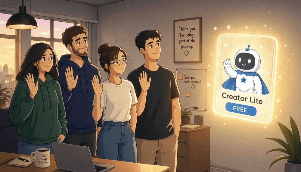사무실에서 네 명의 동료가 벽에 떠 있는 'Creator Lite FREE' 배지에 손을 흔들며 작별하는 카툰 일러스트, 배경 액자에는 'Thank you for being part of the journey' 문구